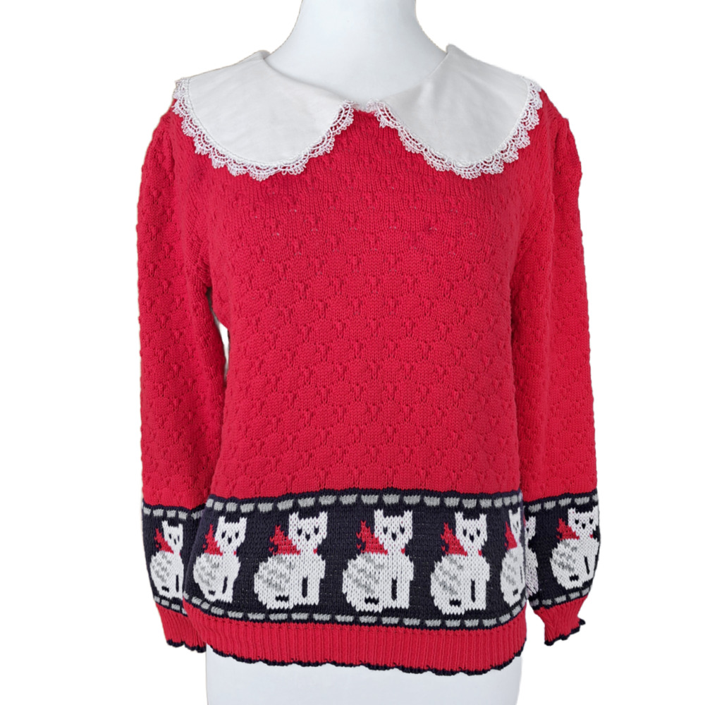 Vintage Red Pointelle Lace Collar Cat Lady Sweater Grandma Whimsy Puff Sleeve